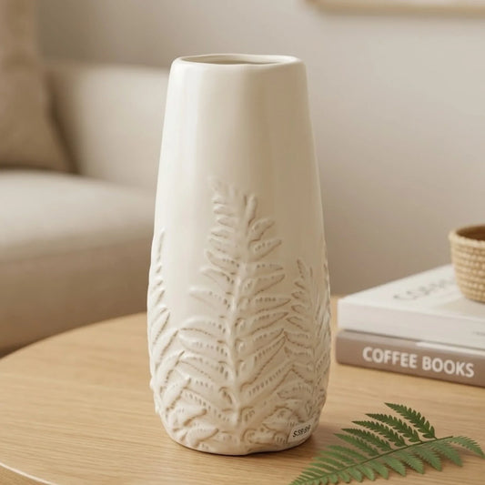 ceramic vase textured leaves white small 10''x4'' china